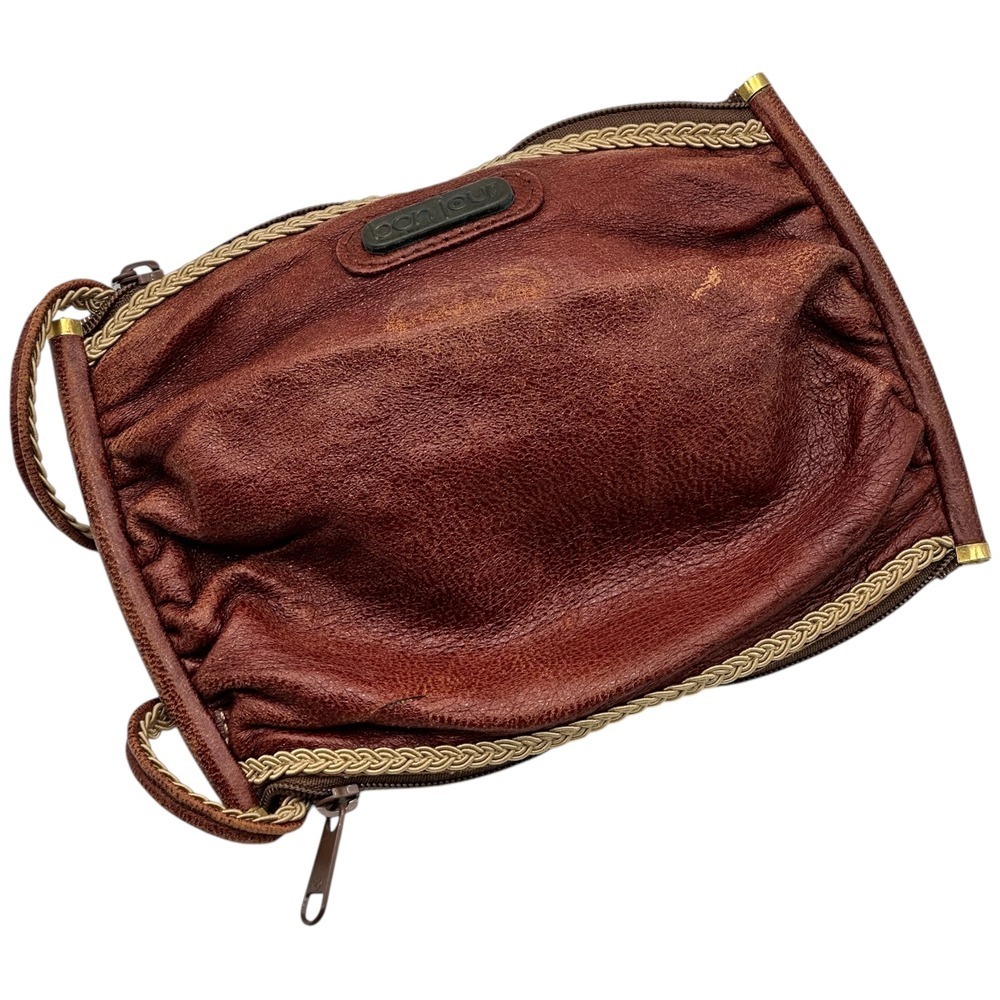 Vintage Bonjour Brown Leather Ruched Crossbody Bag Gold Braided Trim Pouch Purse